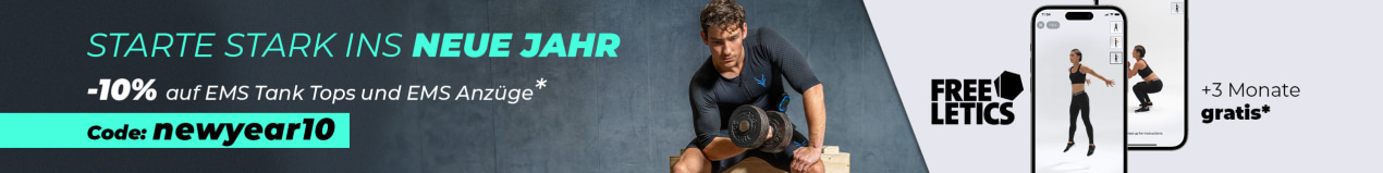 Ein Mann trainiert im Gym mit Antelope EMS-Anzug, daneben Text: –10% auf EMS-Anzüge & Tank Tops, Code:newyear10 + Freeletics gratis