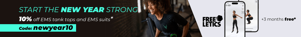 A woman training in the gym with Antelope EMS suit, next to text: –10% on EMS suits & tank tops, Code:newyear10 + Freeletics free.