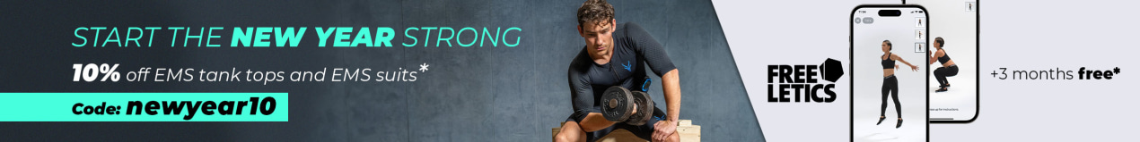 A man training in the gym with Antelope EMS suit, next to text: –10% on EMS suits & tank tops, Code:newyear10 + Freeletics free.