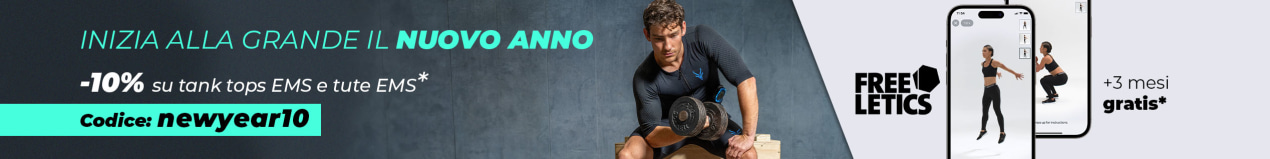 Un uomo si allena in palestra con la tuta EMS Antelope, accanto al testo: –10% su tute e top EMS, Codice:newyear10 + Freeletics gratis.