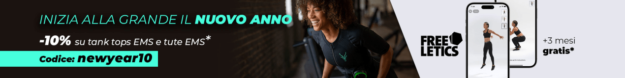 Una donna si allena in palestra con la tuta EMS Antelope, accanto al testo: –10% su tute e top EMS, Codice:newyear10 + Freeletics gratis.