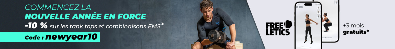 Un homme s’entraîne en salle avec la combinaison EMS Antelope, à côté du texte : –10% sur les combinaisons et débardeurs EMS, Code:newyear10 + Freeletics gratuit.
