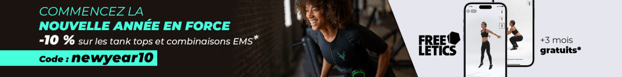 Une femme s’entraîne en salle avec la combinaison EMS Antelope, à côté du texte : –10% sur les combinaisons et débardeurs EMS, Code:newyear10 + Freeletics gratuit.