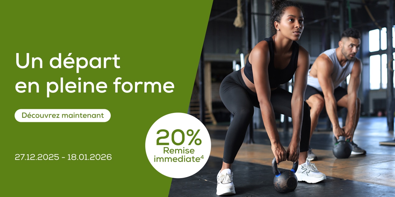 Back in Shape: Deux personnes s’entraînent avec des kettlebells en studio, à côté le texte « Un départ en pleine forme », 20 % de réduction immédiate et période promotionnelle du 27.12.2025 au 18.01.2026.