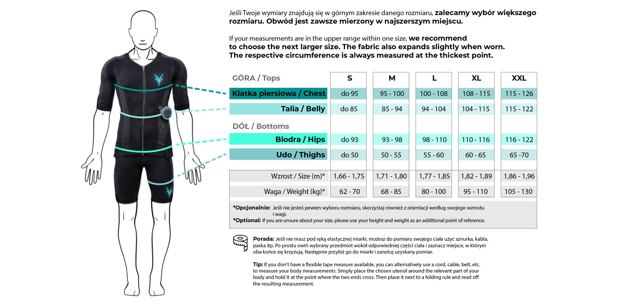 Przedstawiono tabelę rozmiarów tekstyliów EMS Antelope dla mężczyzn.