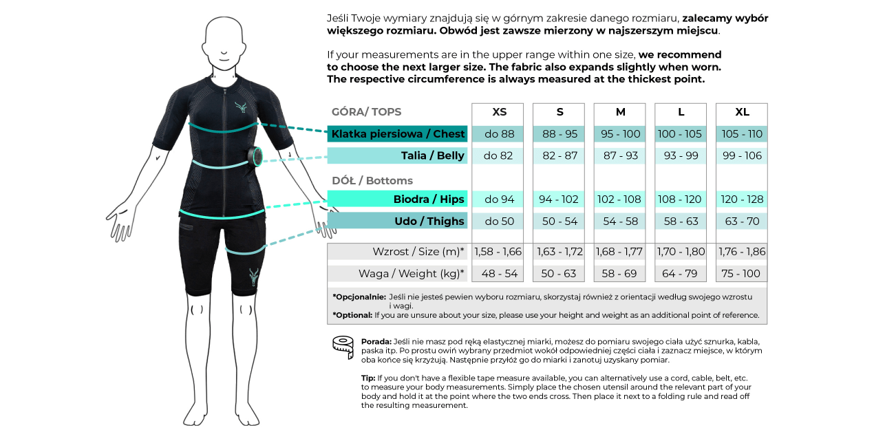 Tabela rozmiarów damskich tekstyliów EMS firmy Antelope jest przedstawiona w tabeli.