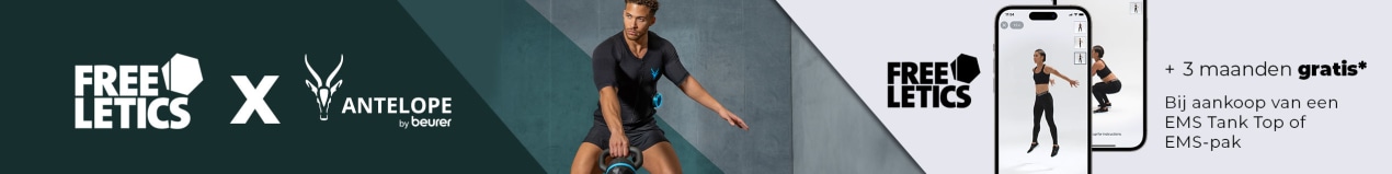 Een sportieve man doet kettlebell swings in de sportschool. Hij draagt het EMS-pak van Antelope. Op de afbeelding staat “Freeletics x Antelope” en + 3 maanden Freeletics gratis bij aankoop van een EMS-tanktop of EMS-pak.