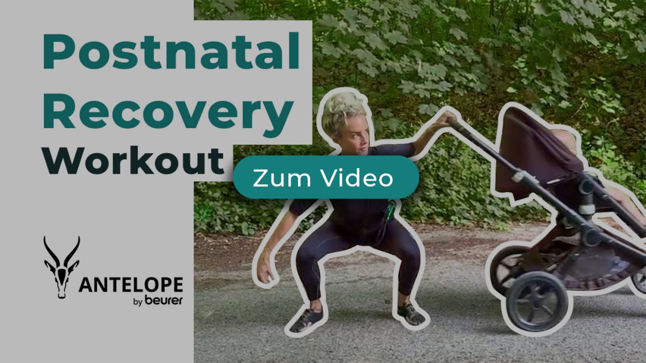 Thumbnail - Postnatal Recovery Workout. Jessica führt eine Kniebeuge aus.