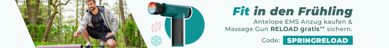 Ein sportlicher Mann und eine Frau machen Outdoor Sport draußen im Grünen. Sie tragen den EMS Anzug von Antelope. Im Bild steht „Erhalte die Antelope RELOAD Massage Gun gratis beim Kauf eines EMS Anzuges mit dem Code SPRINGRELOAD.
