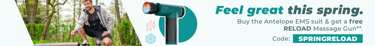 A sporty man and a woman are doing outdoor sports in nature. They are wearing the Antelope EMS suit. The image says: “Get the Antelope RELOAD Massage Gun for free when purchasing an EMS suit with the code SPRINGRELOAD.”