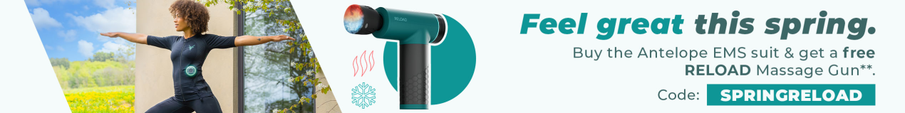 A sporty man and a woman are doing outdoor sports in nature. They are wearing the Antelope EMS suit. The image says: “Get the Antelope RELOAD Massage Gun for free when purchasing an EMS suit with the code SPRINGRELOAD.”