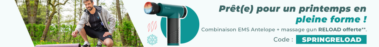 Un homme sportif et une femme font du sport en plein air, en pleine nature. Ils portent la combinaison EMS d’Antelope. Sur l’image, il est écrit : « Reçois le pistolet de massage Antelope RELOAD gratuitement à l’achat d’une combinaison EMS avec le code SPRINGRELOAD. »