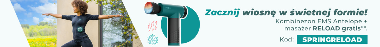 Wysportowany mężczyzna i kobieta uprawiają sport na świeżym powietrzu, w otoczeniu natury. Mają na sobie strój EMS marki Antelope. Na obrazie widnieje napis: „Odbierz pistolet do masażu Antelope RELOAD gratis przy zakupie stroju EMS z kodem SPRINGRELOAD.”