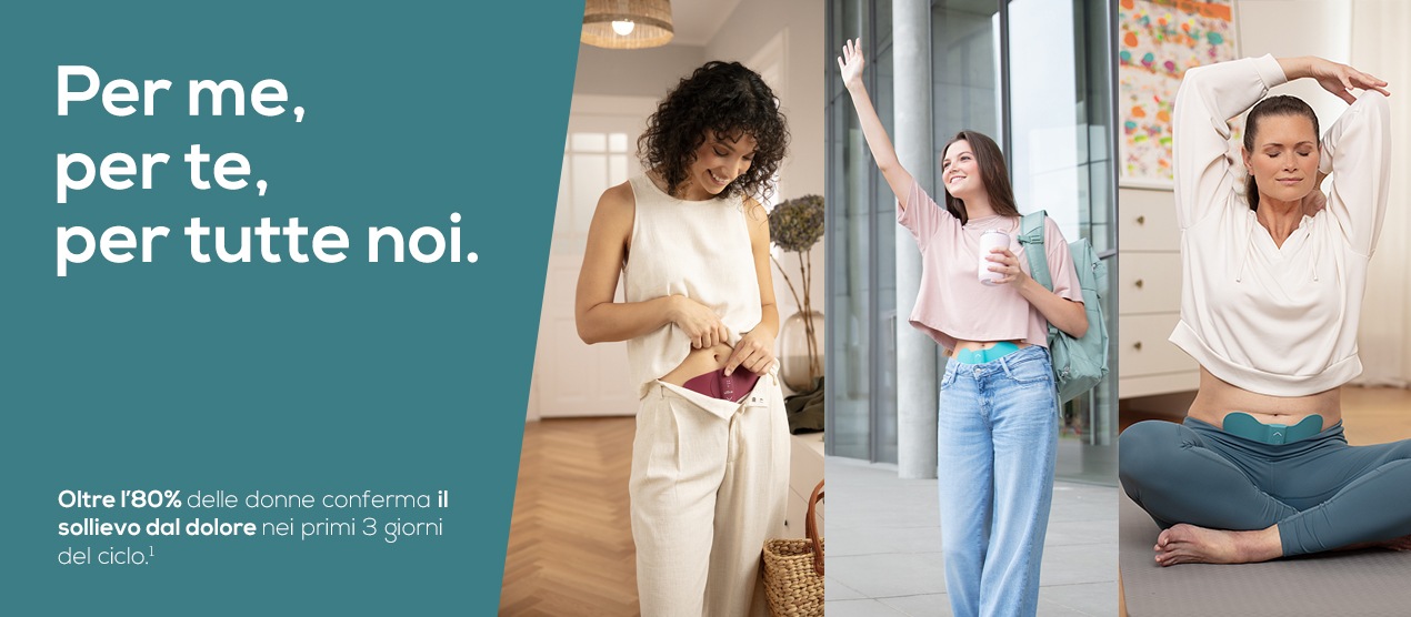 Banner dell'intestazione della pagina di destinazione di Beurer Mensutral Relax con 3 donne che utilizzano Menstrual Relax in scene diverse.