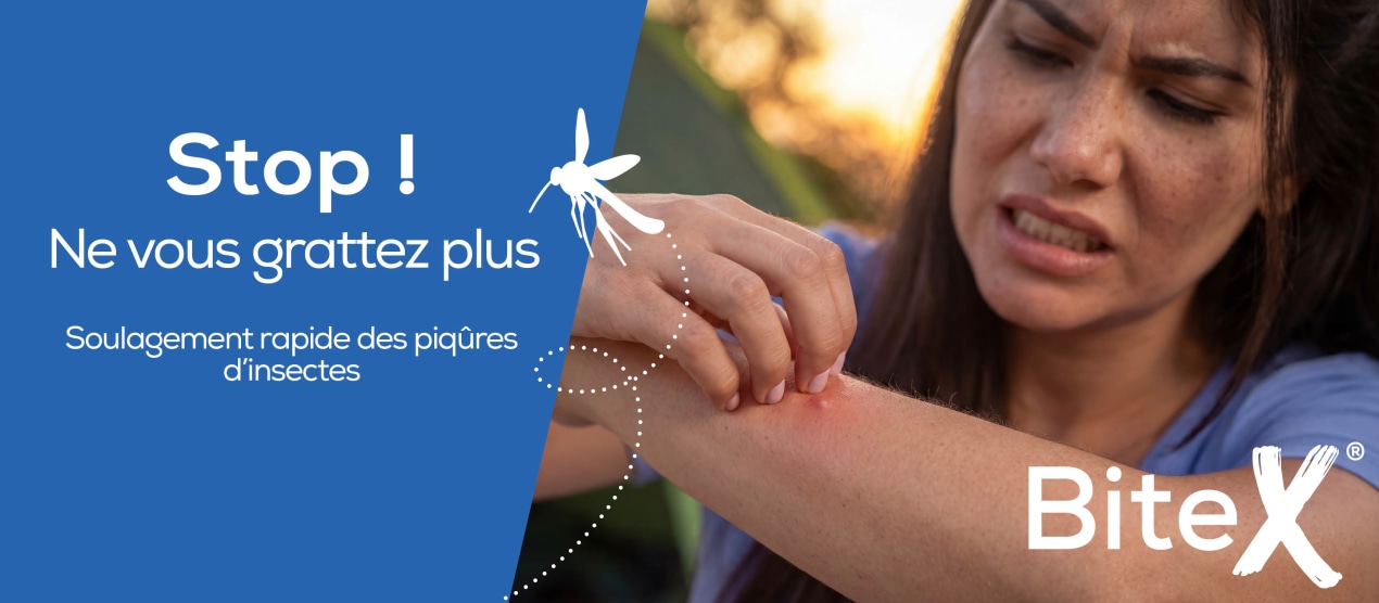 Femme se grattant une piqûre d’insecte sur le bras, avec le message “Stop ! Ne vous grattez plus” et une promesse de soulagement rapide des piqûres d’insectes, accompagnée du logo BiteX.