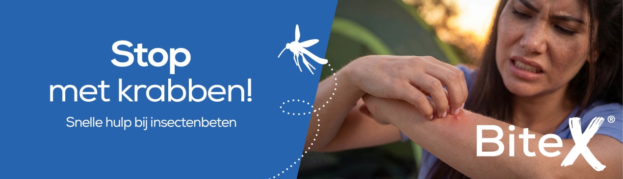 Reclametekst voor „BiteX“: links de tekst „Stop! Niet krabben! Vind je hulp bij insectenbeten“ met een muggensymbool, rechts een persoon in de buitenlucht die aan zijn rode onderarm krabt