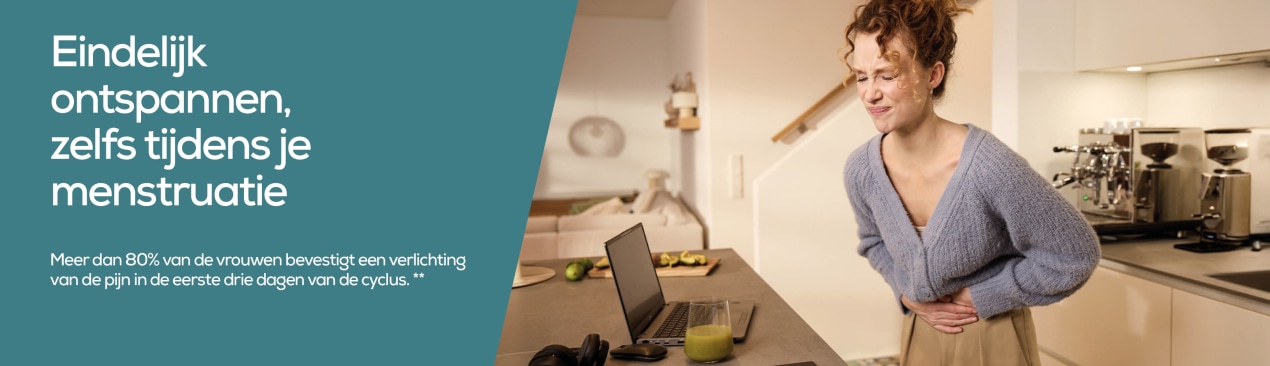 Beurer Mensutral Relax landingpage header banner met 3 vrouwen die de mensutral relax gebruiken in verschillende scènes