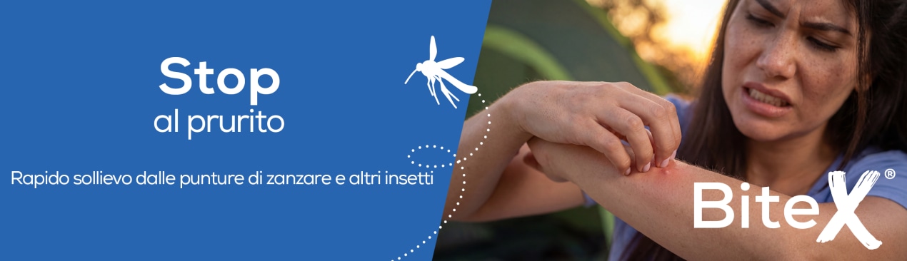Header per «BiteX»: a sinistra il testo «Stop! Non grattarti! Trova il tuo rimedio contro le punture di insetti» con l'icona di una zanzara; a destra una persona all'aperto che si gratta l'avambraccio arrossato