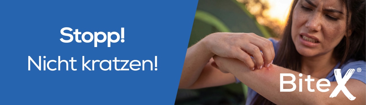 Werbegrafik für „BiteX“: Links Text „Stopp! Nicht kratzen! Finde deinen Helfer bei Insektenstichen“ mit Mückensymbol, rechts eine Person im Freien, die sich den geröteten Unterarm kratzt