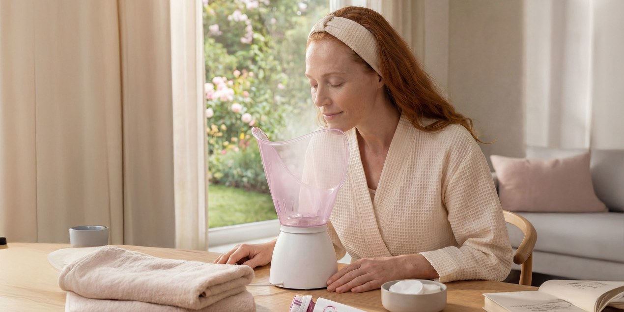 Summer Wellbeing Essentials A woman is using the Beurer FS 60 facial steamer in her living room