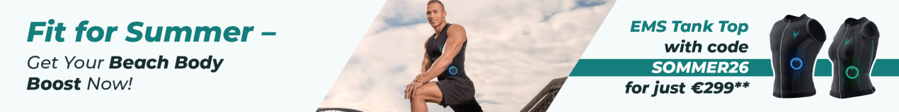 An athletic man exercises while wearing an Antelope EMS Tank Top. The image reads: "Fit for Summer – Get Your Beach Body Boost Now! EMS Tank Top with code SOMMER26 for just €299**"