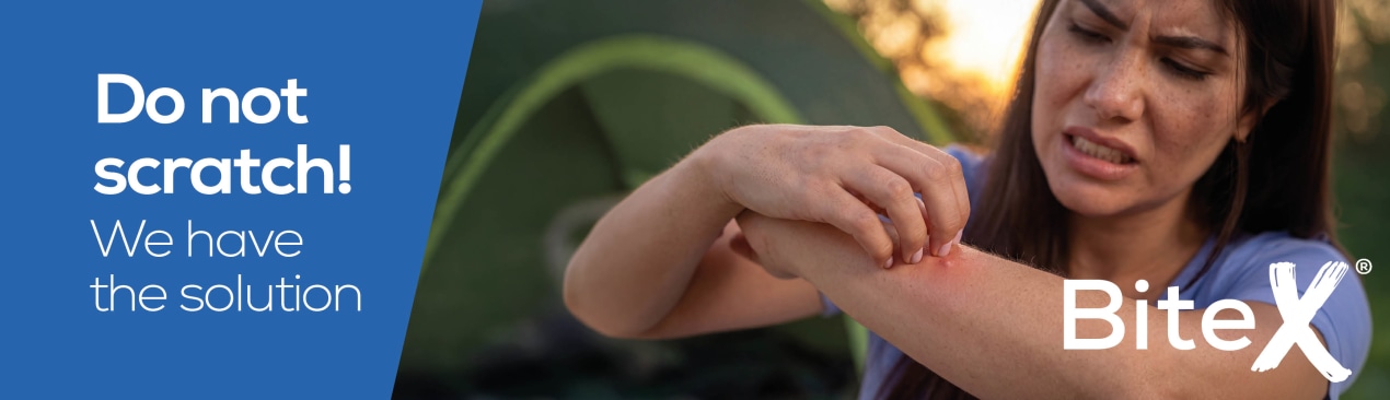 Advertising graphic for ‘BiteX’: on the left, the text ‘Stop! Don’t scratch! Find relief from insect bites’ with a mosquito symbol; on the right, a person outdoors scratching their reddened forearm