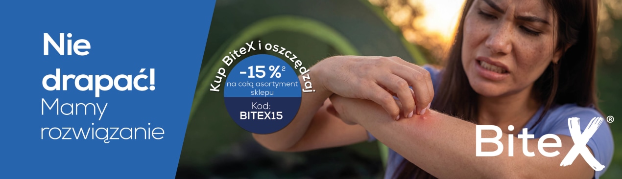Grafika reklamowa dla „BiteX”: po lewej stronie tekst „Stop! Nie drap się! Znajdź pomoc w przypadku ukąszeń owadów” wraz z symbolem komara, po prawej stronie osoba na świeżym powietrzu, drapiąca zaczerwienione przedramię