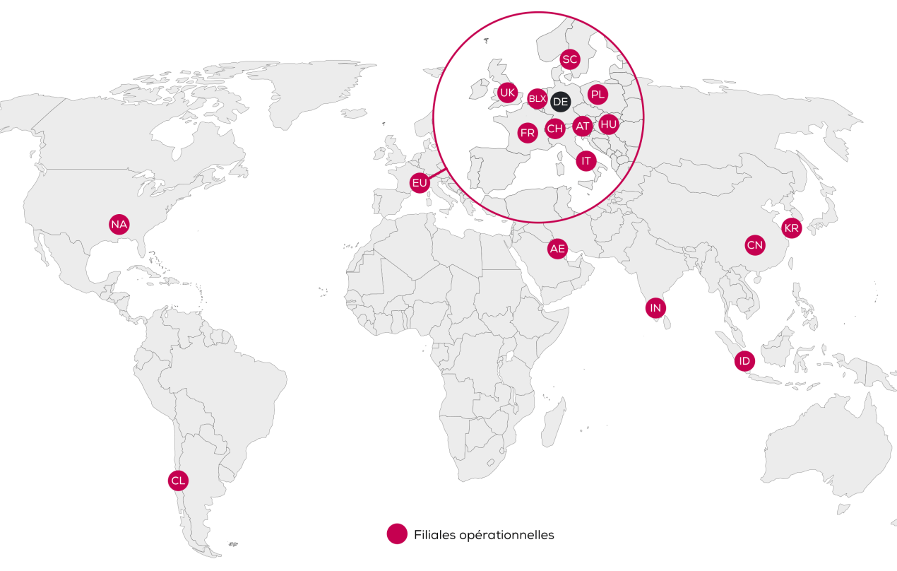 Emplacements des filiales opérationnelles représentés sur une carte du monde
