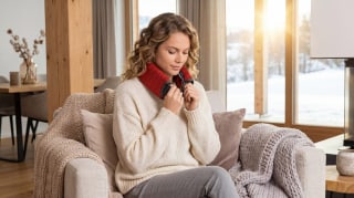 Eine Frau sitzt auf einem Sofa und trägt das Beurer HK 55 – Multifunktionsheizkissen um ihren Hals. Im Hintergrund ist eine verschneite Landschaft zu sehen.
