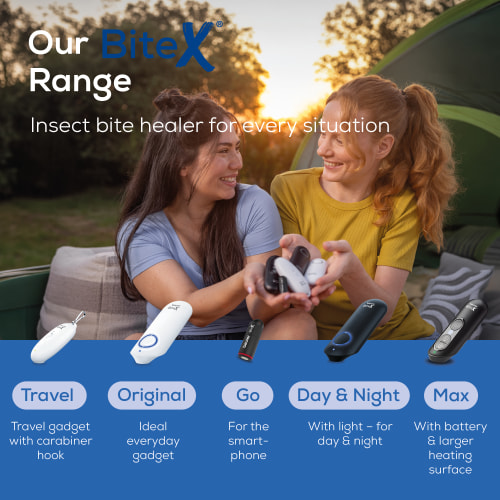 Advertisement for ‘BiteX’: Two people are sitting at a campsite at sunset, looking at several insect bite relief devices in their hands; below them, five different models (‘Travel’, ‘Original’, ‘Go’, ‘Day & Night’, ‘Max’) are shown with brief descriptions; their faces are obscured.