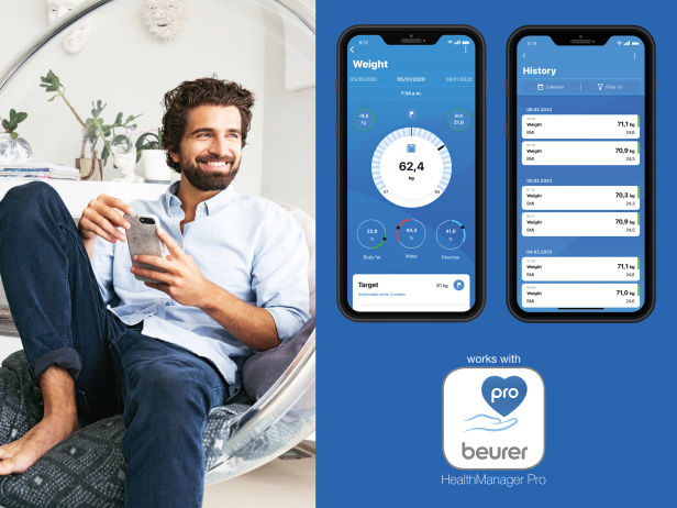Montage de deux écrans d'application et d'une image d'un homme tenant son smartphone à la main