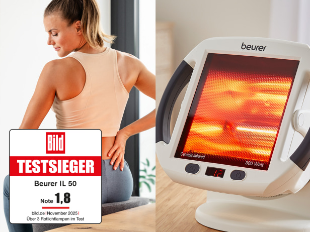 Eine junge, sportliche Frau wärmt entspannt mit der Infrarotwärme der IL 50 ihre untere Rückenmuskulatur