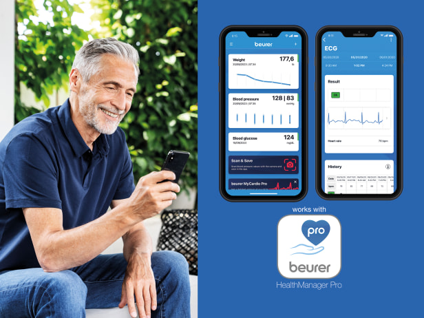 Older man sitting with smartphone in hand; next to him, two mobile displays with the Beurer app showing weight, blood pressure, blood glucose as well as ECG measurements and heart rate, plus the HealthManager Pro logo