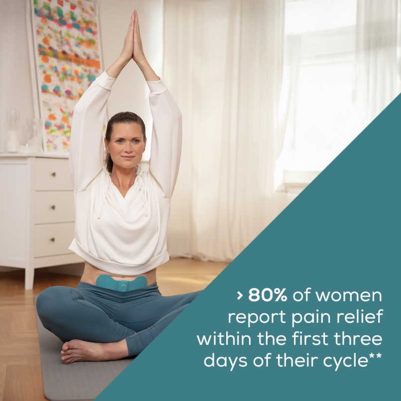 Woman doing yoga while wearing the Beurer EM 55. Text shows that over 80% of women confirm pain relief during the first three days of the cycle.