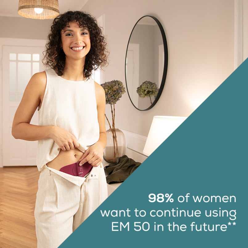 Woman using the Beurer Menstrual Relax EM 50 in everyday life. Text shows that 98% of women want to continue using the device.