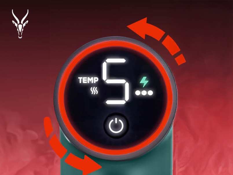 Rückseite der Massage Pistole im Wärme Modus