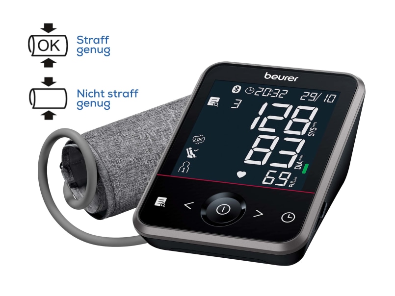 Beurer BM 64 Blutdruckmessgerät mit Manschettensitzkontrolle, Symbole zeigen straff genug oder nicht straff genug