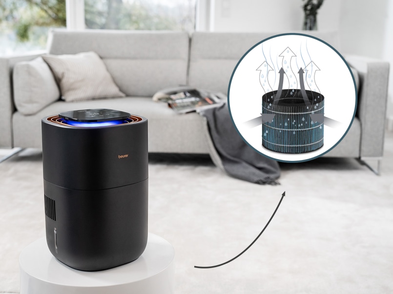 Der LB 300 steht auf der linken Seite vor dem Sofa. Es gibt eine Vergrößerung auf der man den Filter des LB 300 sieht.