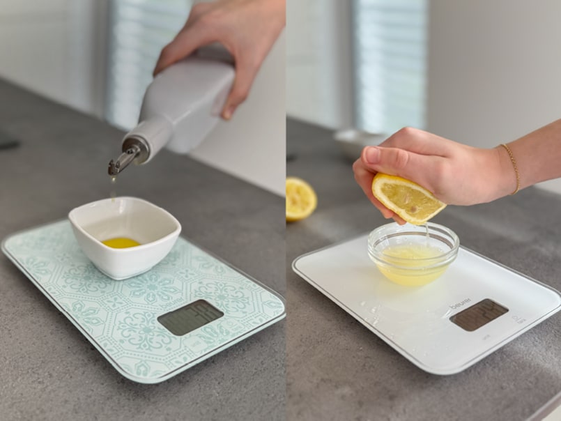 Öl und Zitronensaft werden auf Küchenwaagen in verschiedenen Designs abgewogen