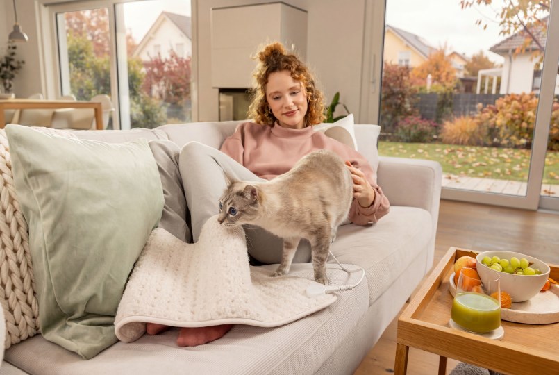 OEKO-TEX Logo, Frau mit Heizdecke auf Sofa