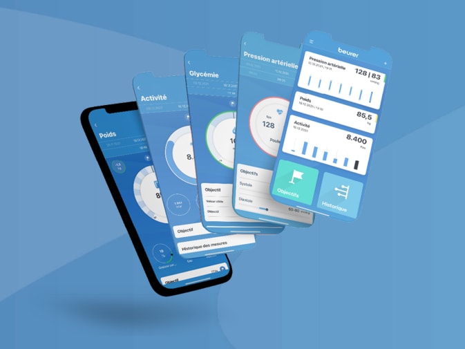 Visualisation de l'application beurer HealthManager Pro avec différents écrans de l'application