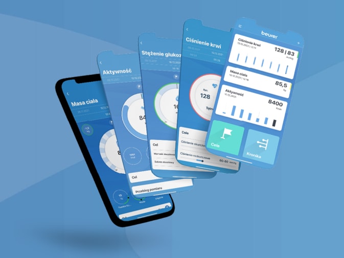 Wizualizacja aplikacji beurer HealthManager Pro z różnymi ekranami aplikacji