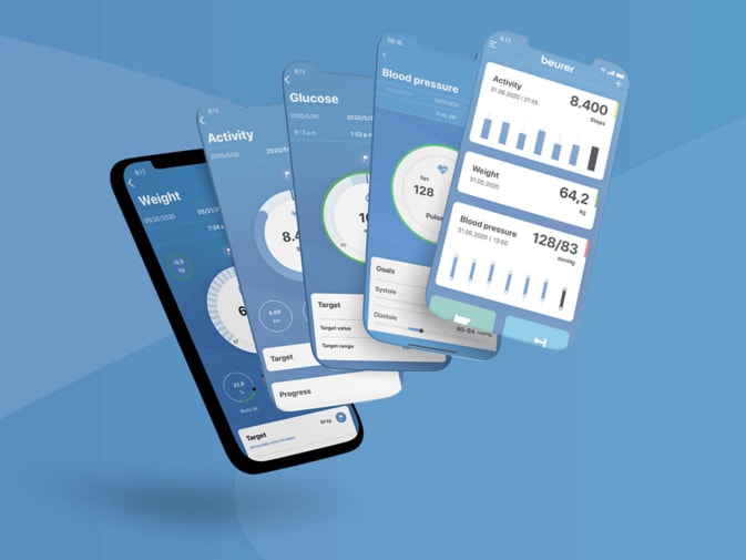 Visualisasi dari aplikasi beurer HealthManager Pro dengan berbagai layar dari aplikasi