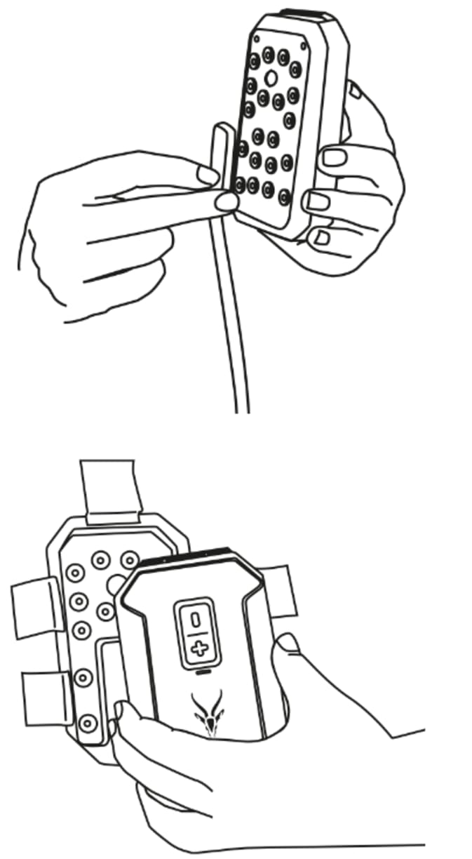 Un dessin numérique montre comment relier le booster à la combinaison EMS Origin. Le graphique est en noir et blanc.