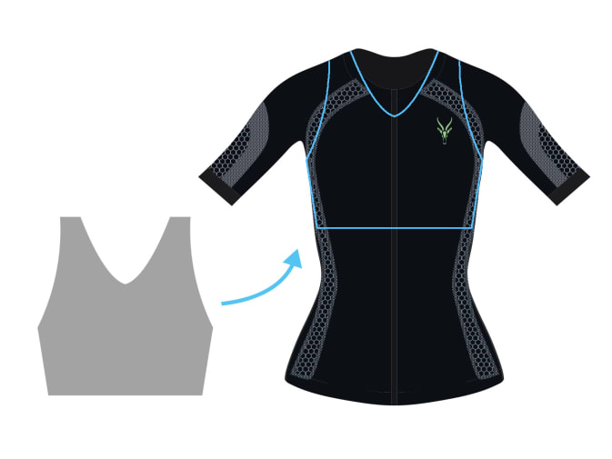 Una ilustración muestra que un sujetador deportivo está integrado en el tejido de la camiseta EMS de Antelope. El sujetador deportivo puede verse a la izquierda en gris, junto a él hay una flecha azul claro que señala la camiseta EMS para mujer de Antelope.