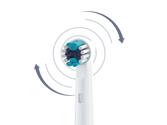 Detailaufnahme eines Zahnbürstenkopf mit einer kreisförmigen Visualisierung im Hintergrund mit Pfeilen, die andeutet, dass die Bürsten oszillierend sind
