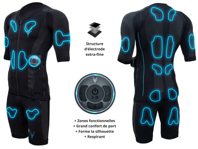 La combinaison EMS d'Antelope et ses caractéristiques sont présentées sur un graphique. Les électrodes en silicone de la combinaison EMS sont mises en évidence par des néons bleus.  On y voit également le booster Evolution et il est écrit "zones fonctionnelles, confort élevé, sculptant la silhouette, respirant" ainsi que "structure d'électrodes extra-fine".