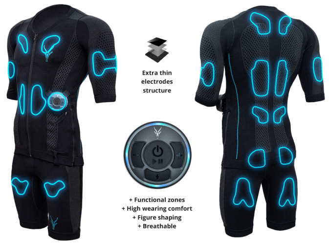 The EMS suit by Antelope and its features can be seen on a graphic. The silicone electrodes of the EMS suit are highlighted in blue neon color.  The Evolution Booster can also be seen and the words "functional zones, high wearing comfort, figure shaping, breathable" and "extra thin electrode structure" are written.