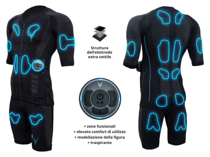 La tuta EMS di Antelope e le sue caratteristiche sono visibili in una grafica. Gli elettrodi in silicone della tuta EMS sono evidenziati in un colore neon blu.  Si vede anche il Booster Evolution e si leggono le parole "zone funzionali, elevato comfort di vestibilità, modellante, traspirante" e "struttura degli elettrodi extra-sottile".