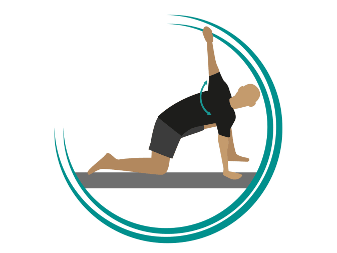 Auf einem Icon ist eine Person zu sehen, die in einem Vierfüßlerstand ihren Oberkörper aufdreht.